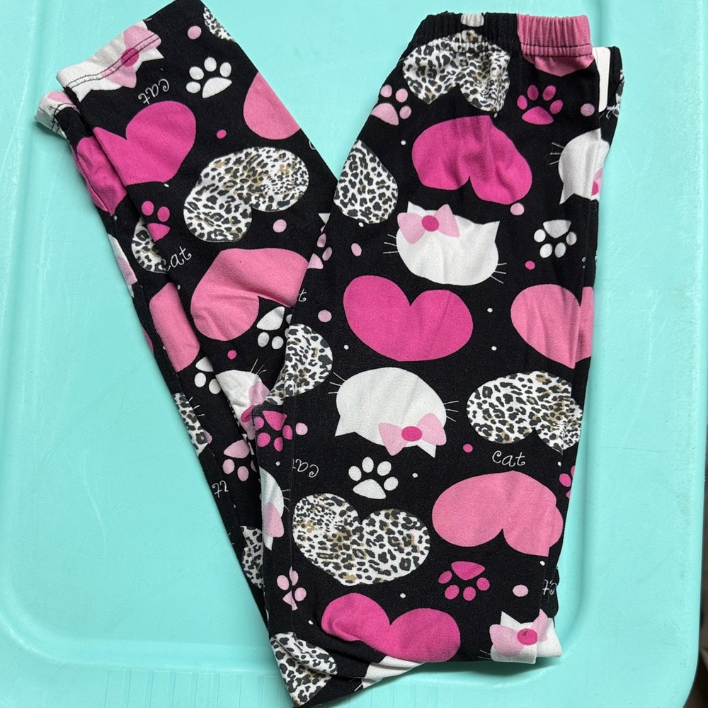 Cute Cat Print Girls Large leggings- Pink and Black